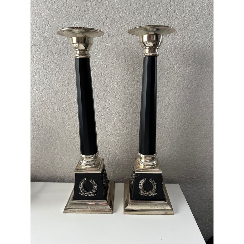 Unbranded Candlestick Holders Set of 2 Black Silver Neoclassical Column Taper